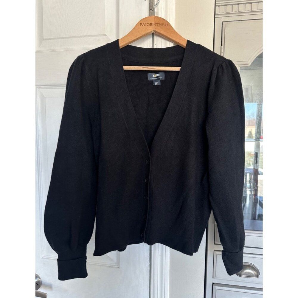 Anthropologie by Maeve Women's LG Black Puff Sleeve Cardigan Sweater